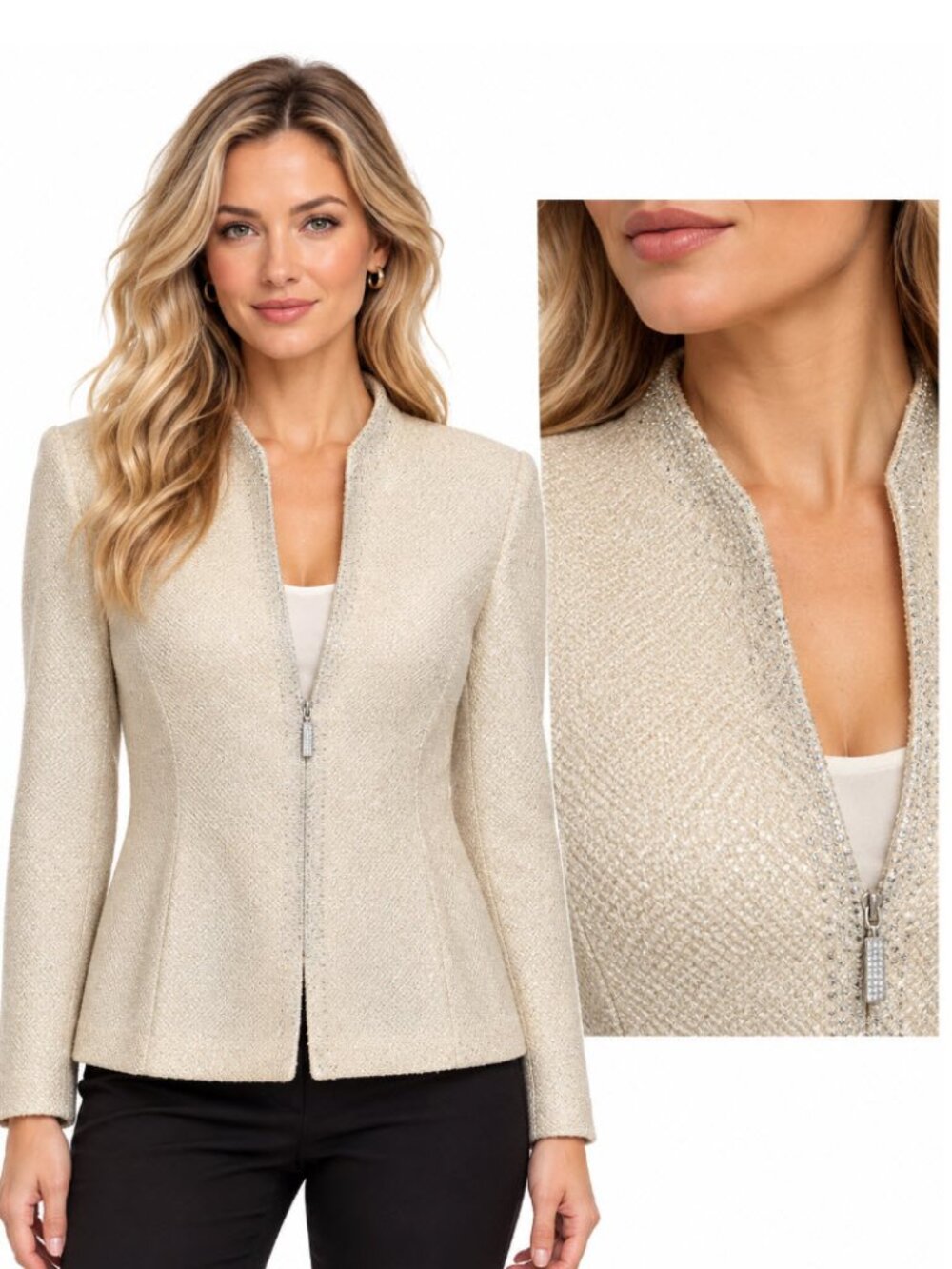 St. John Evening Cream Textured Knit Wool Cocktail Blazer 10 Quiet Luxury Chic